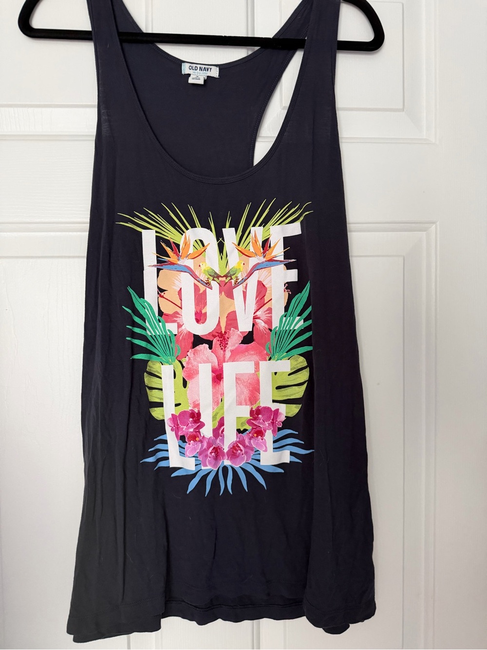 Old Navy Navy Tank with Colorful Tropical "Love Life" Graphic